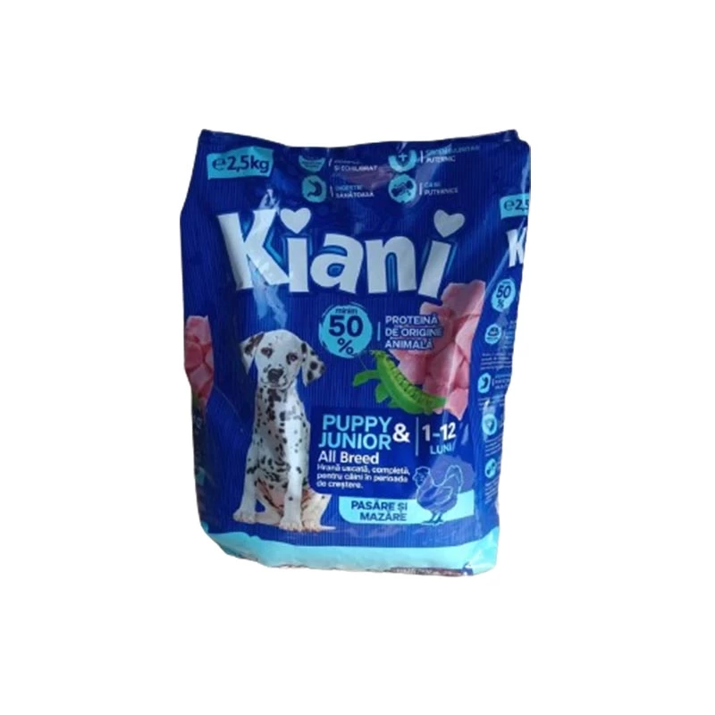 Hrana uscata caini, Kiani Dog Mini Junior, pasare/mazare, 2.5kg